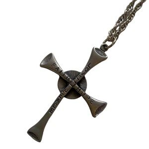 Vintage 1980 handcrafted cross necklace antique silver tone/pewter marked GHI